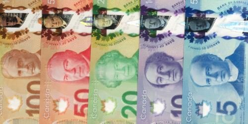 L'image 5 montre, de gauche à droite, un billet brun de cent (100) dollars canadiens, un billet rouge de cinquante (50) dollars canadiens, un billet vert de vingt (20) dollars canadiens, un billet violet de dix (10) dollars canadiens et un billet bleu de cinq (5) dollars canadiens.